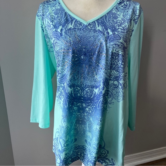 Chicos Zynergy XL Top Green & Blue Beaded Paisley Floral Soft Stretchy - Picture 1 of 6